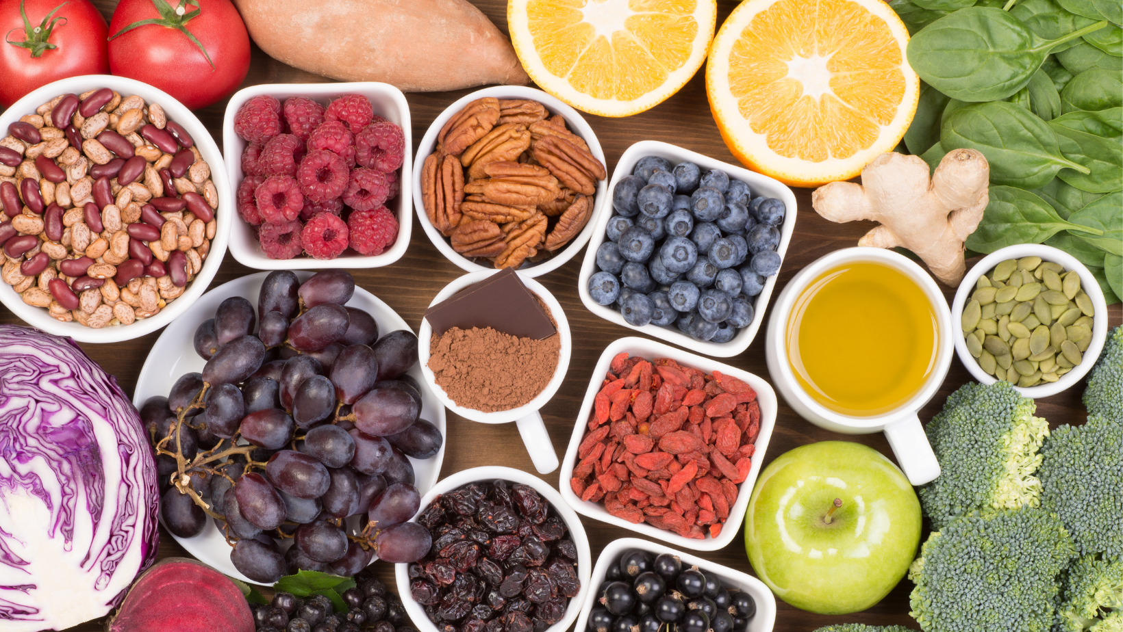 Colourful display of antioxidant-rich fruits and vegetables