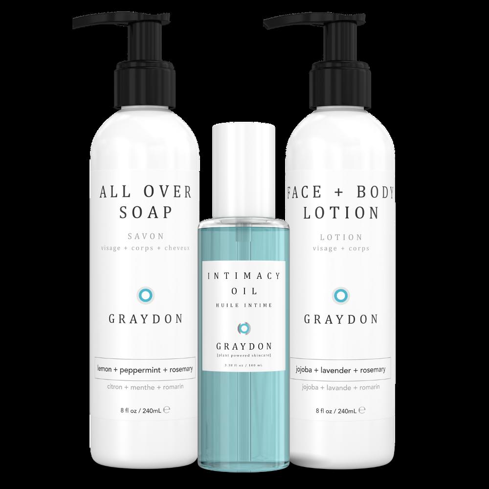 all over soap, intimacy oil, face + body lotion